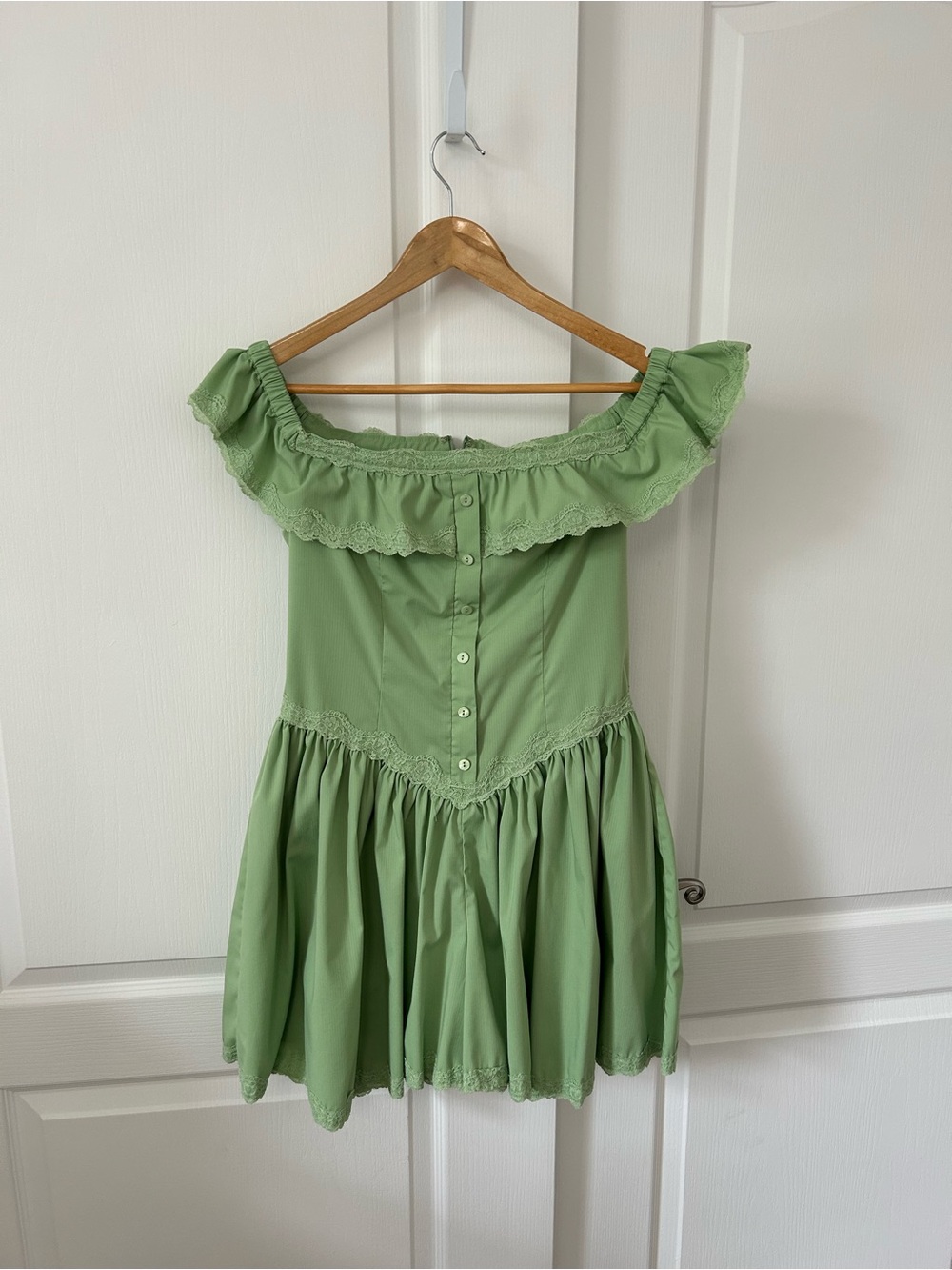 Anthropologie Sage Green Off-Shoulder Ruffled Mini Dress - Picture 2 of 5